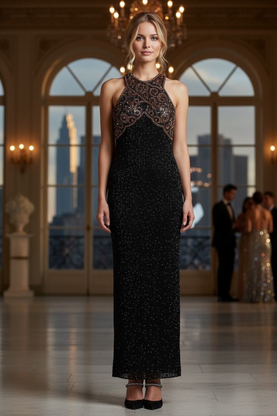 Laurence Kazar Black Beaded Sequin Gown Formal Dress Black Tie Gala Event Chic